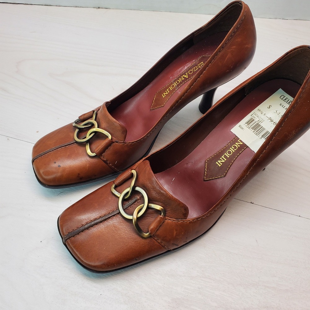 Enzo Angiolini Women's Brown Leather Square Toe Heeled Loafers Shoes 6M